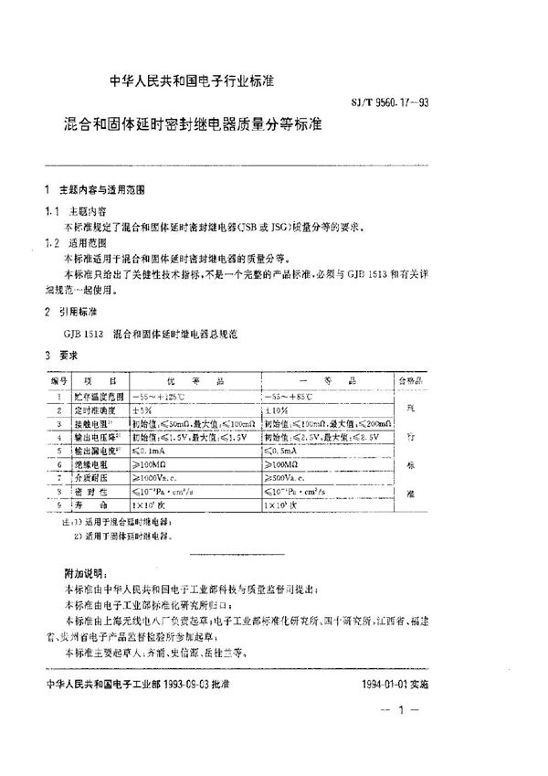 SJ/T 9560.17-1993 混合和固体延时密封继电器质量分等标准