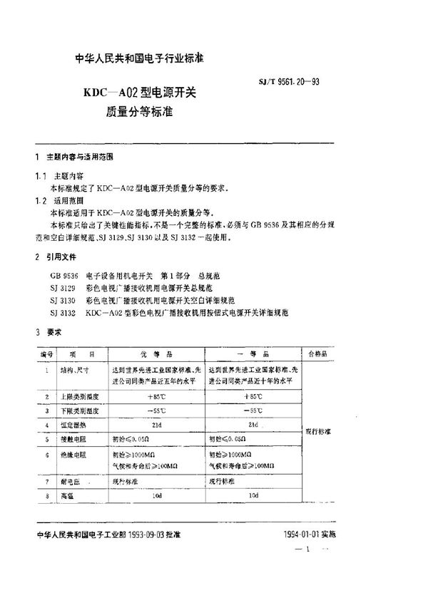 SJ/T 9561.20-1993 KDC-A02型电源开关质量分等标准