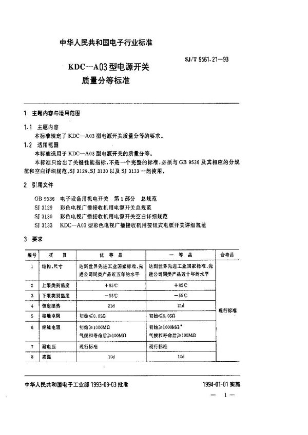 SJ/T 9561.21-1993 KDC-A03型电源开关质量分等标准