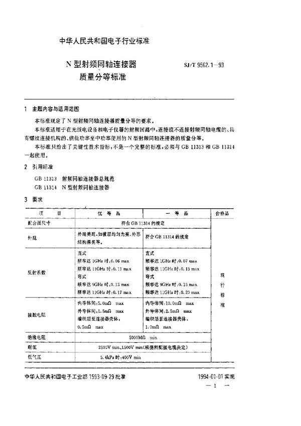 SJ/T 9562.1-1993 N型射频同轴连接器质量分等标准