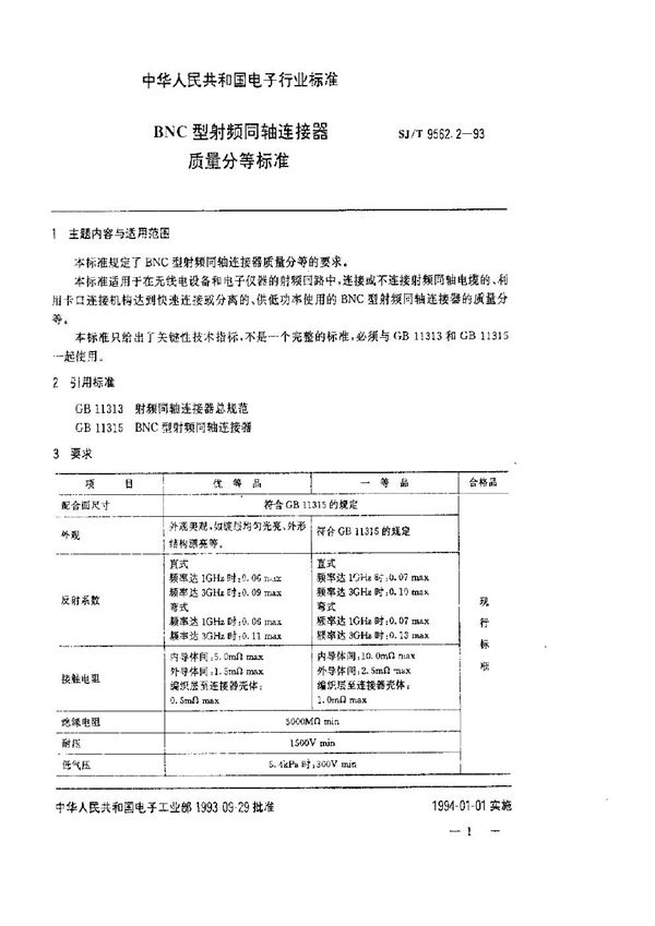 SJ/T 9562.2-1993 BNC型射频同轴连接器质量分等标准