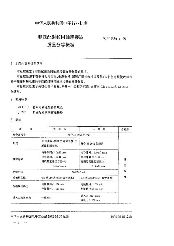 SJ/T 9562.6-1993 非匹配射频同轴连接器质量分等标准