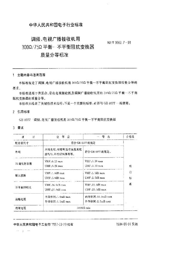 SJ/T 9562.7-1993 调频、电视广播接收机用300Ω 75Ω平衡-不平衡阻抗变换器质量分等标准