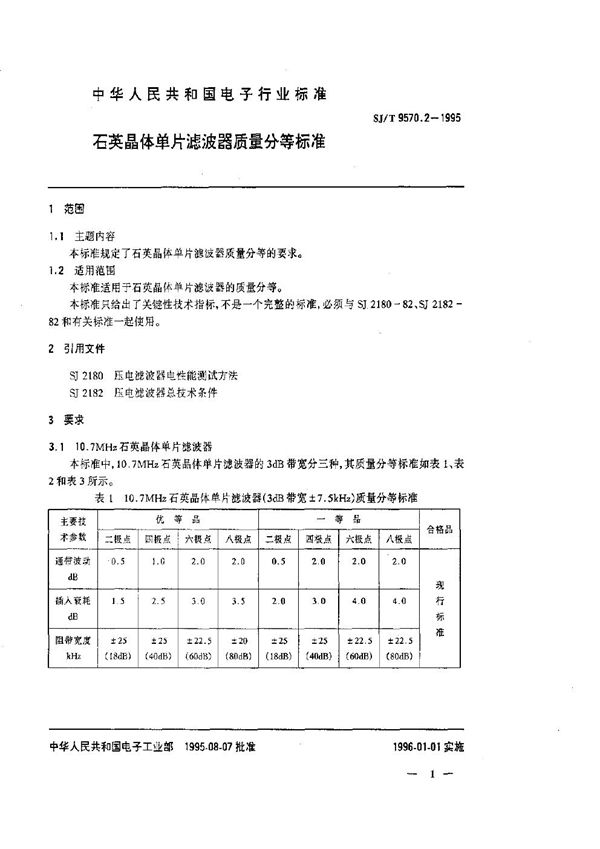 SJ/T 9570.2-1995 石英晶体单片滤波器质量等分标准