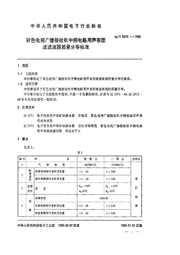 SJ/T 9572.1-1995 彩色电视广播接收机中频电路用声表面波滤波器质量等分标准