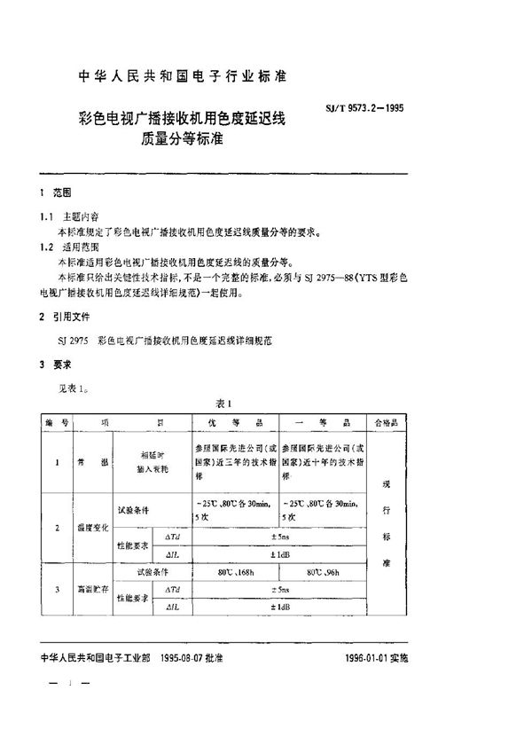 SJ/T 9572.2-1995 黑白电视广播接收机中频电路用声表面波滤波器质量等分标准