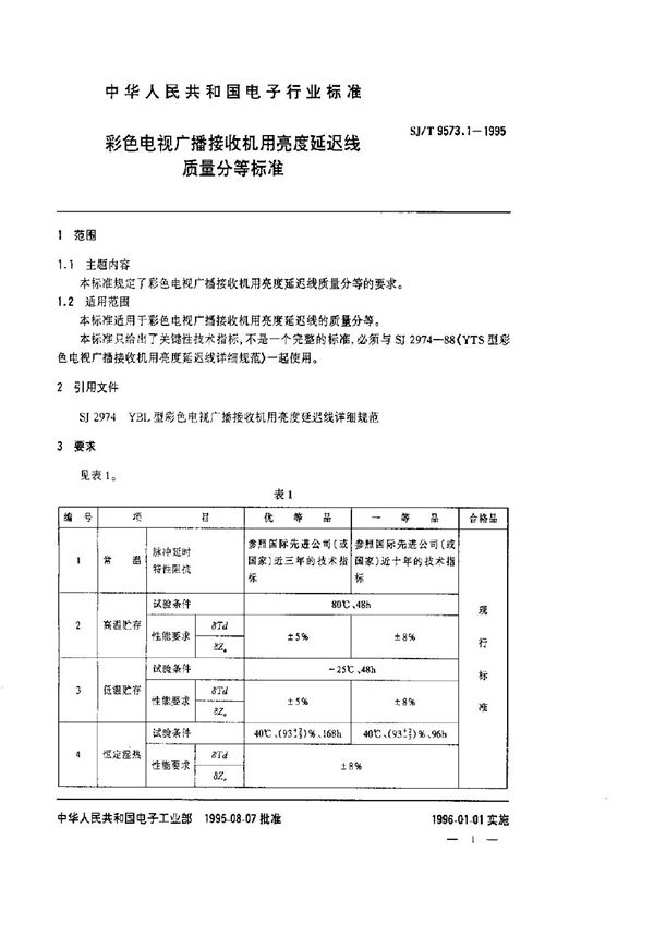 SJ/T 9573.1-1995 彩色电视广播接收机用亮度延迟线质量等分标准