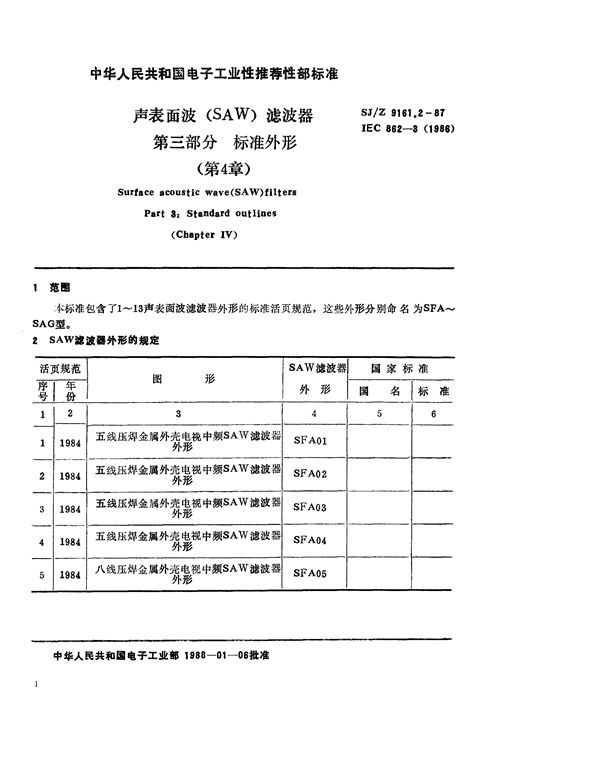 SJ/Z 9161.2-1987 声表面波(SAW)滤波器 第三部分：标准外形(第4章)