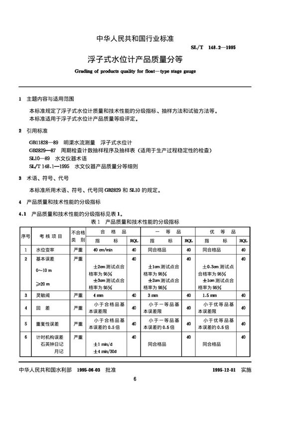 SL/T 148.2-1995 浮子式水位计产品质量分等