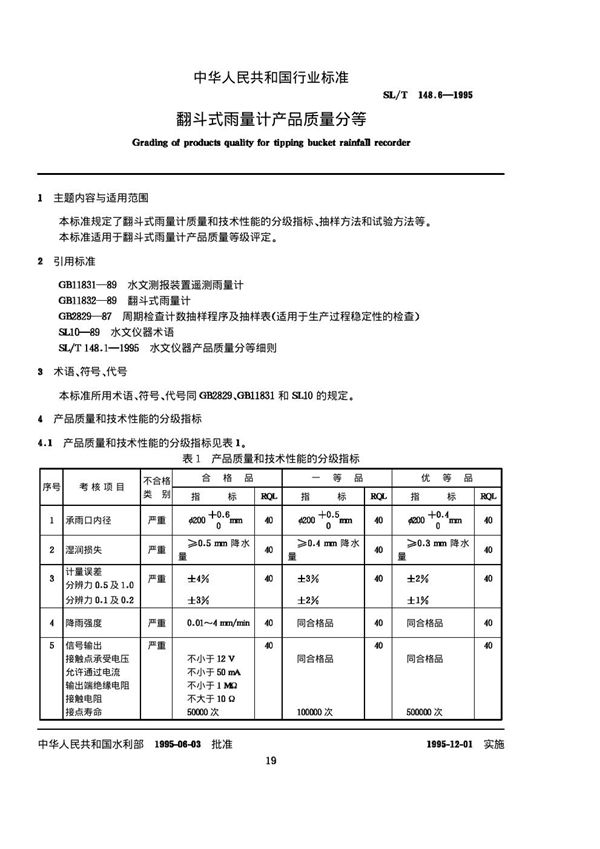 SL/T 148.6-1995 翻斗式雨量计产品质量分等