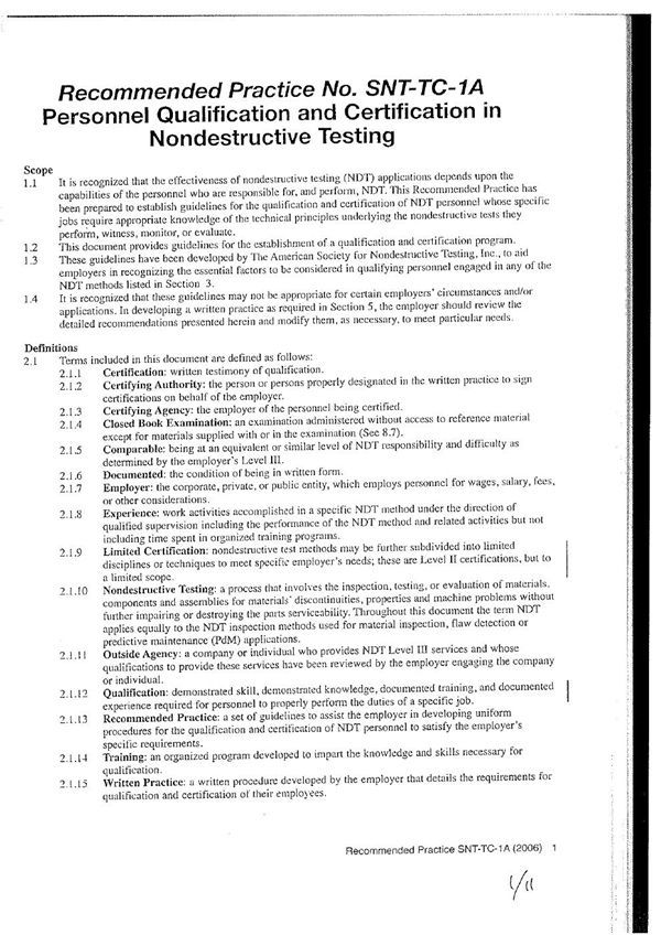 SNT-TC-1A-2006 Recommended practice for NDT qualification an