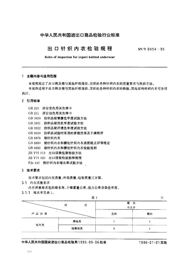 SN/T 0454-1995 出口针织内衣检验规程