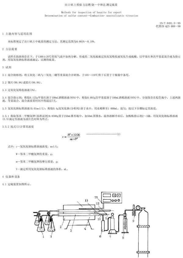 SN/T 0481.5-1995 出口矾土检验方法 燃烧 中和法测定硫量