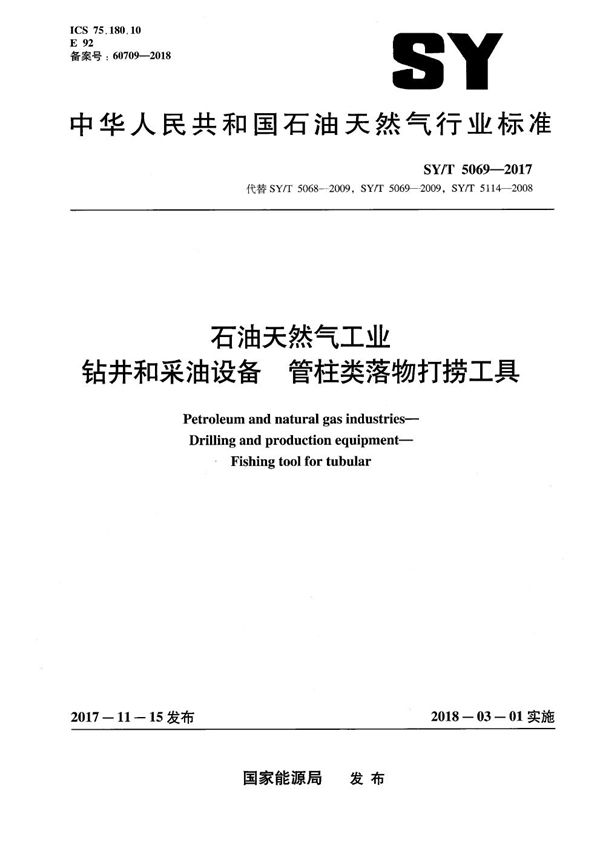 SY/T 5069-2017 石油天然气工业 钻采和采油设备 管柱类落物打捞工具