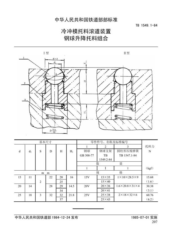 TB 1549.1-1984 冷冲模托料滚道装置 钢球升降托料组合