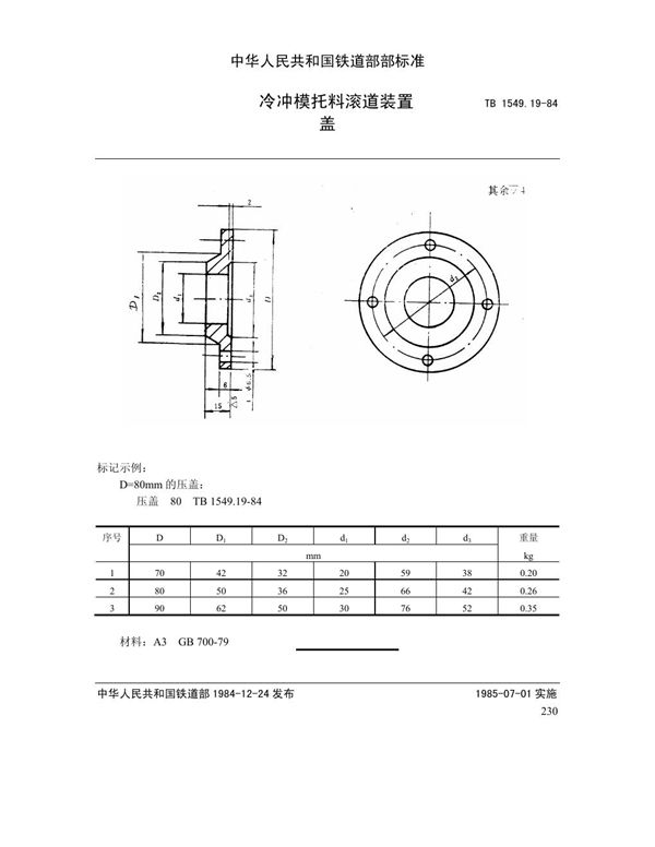 TB 1549.19-1984 冷冲模托料滚道装置 压盖