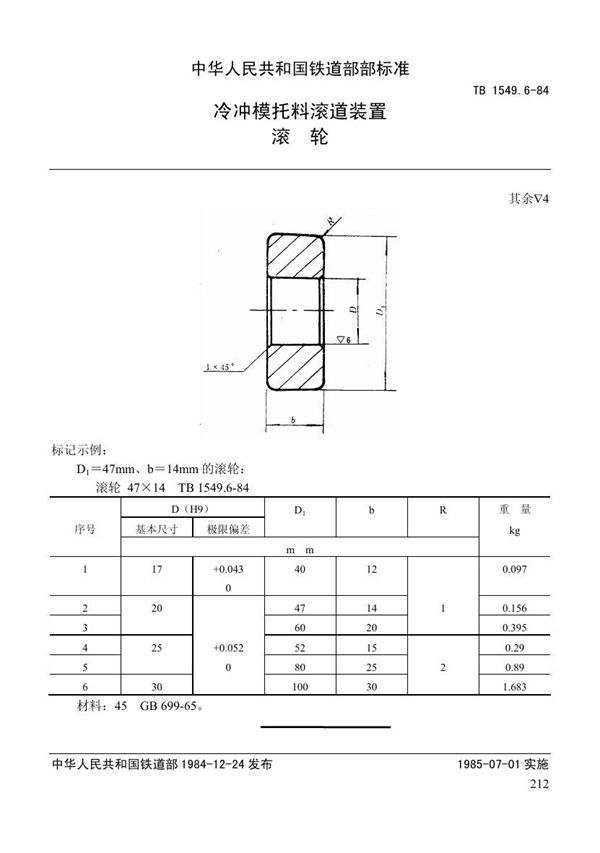 TB 1549.6-1984 冷冲模托料滚道装置 滚轮