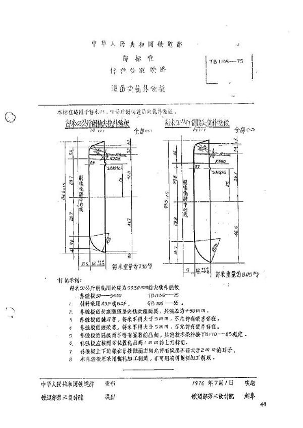 TB/T 1135-1975 道岔尖轨补强板