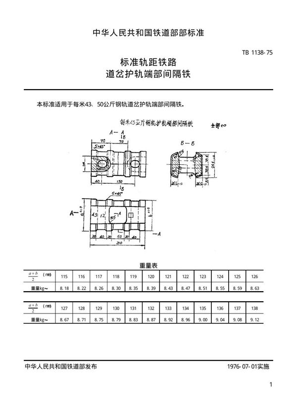 TB/T 1138-1975 标准轨距铁路道岔用护轨端部间隔铁