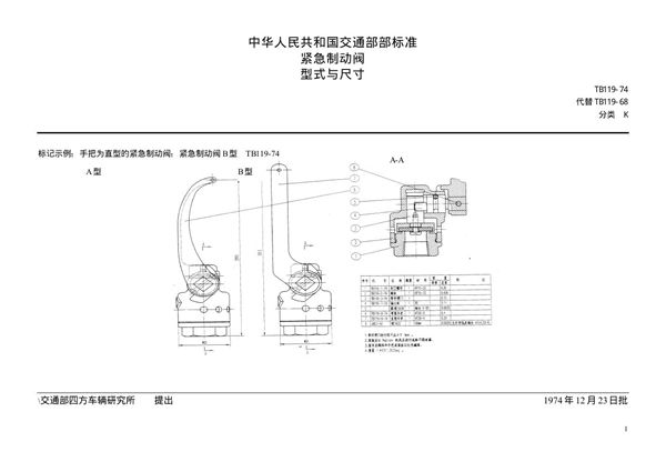 TB/T 119-1974 客车紧急制动阀 型式与尺寸