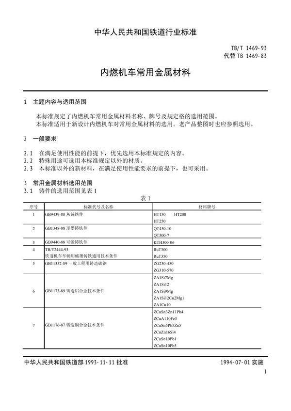 TB/T 1469-1993 内燃机车常用金属材料
