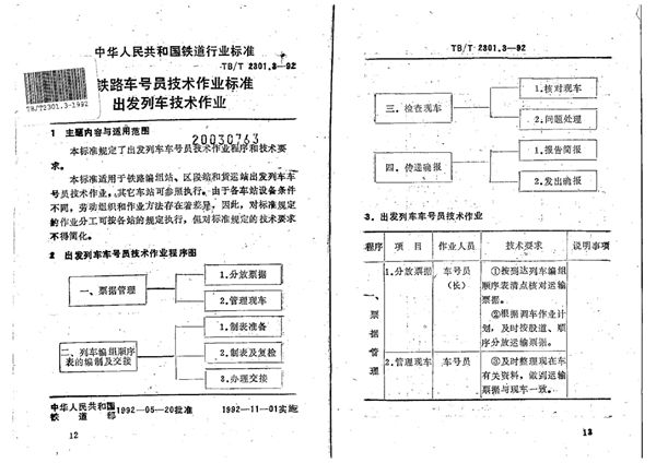 TB/T 2301.3-1992 铁路车号员技术作业标准出发列车技术作业