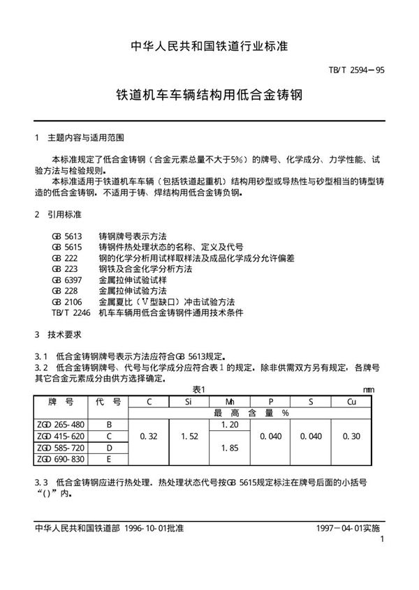 TB/T 2594-1995 铁道机车车辆结构用低合金铸钢