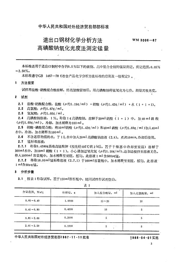 WM 3006-1987 进出口钢材化学分析方法 高碘酸钠氧化光度法测定锰量