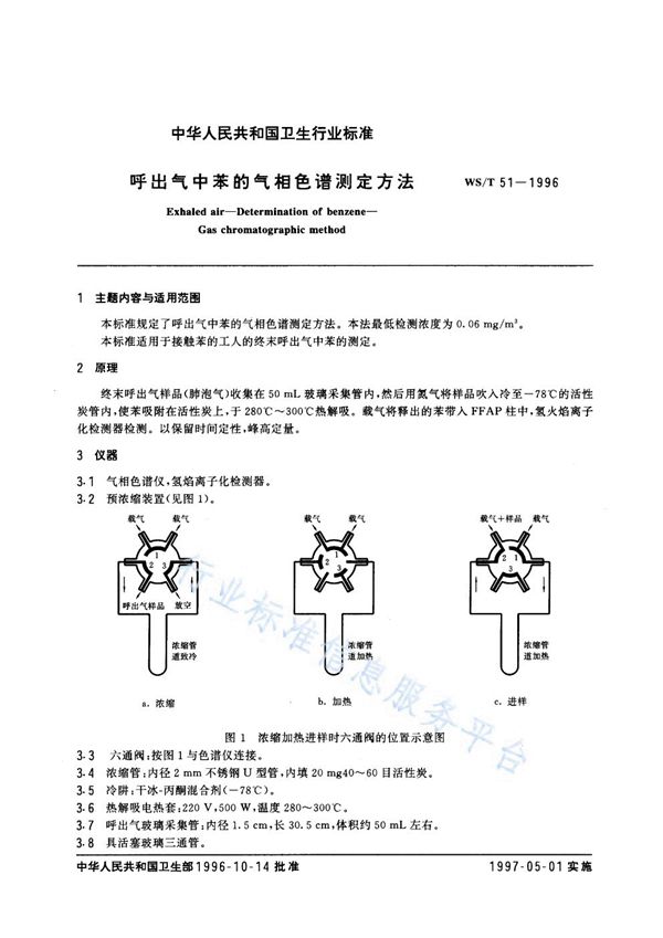 WS/T 51-1996 呼出气中苯的气相色谱测定方法