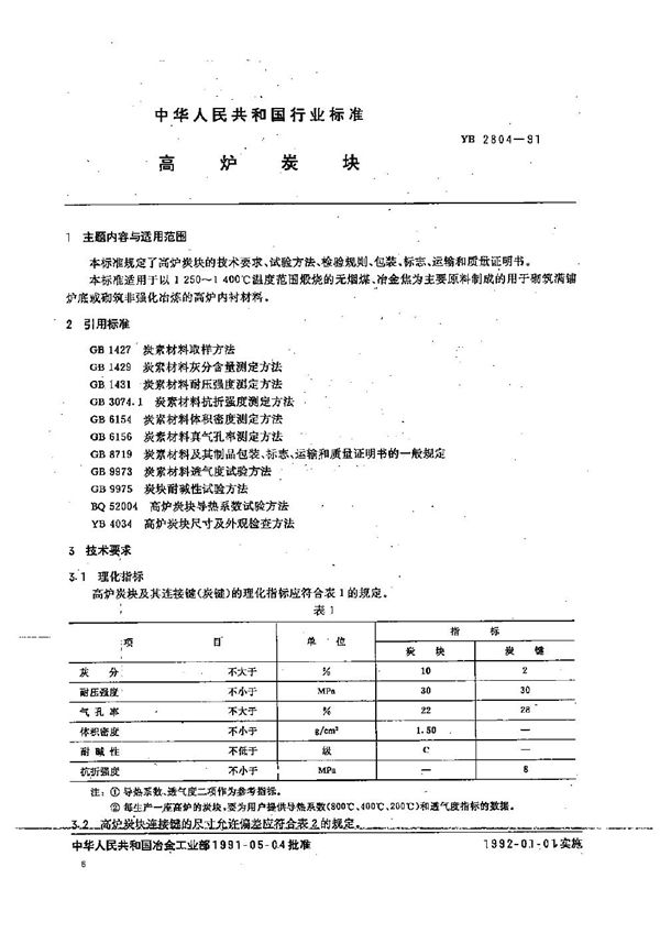 YB 2804-1991 高炉炭块