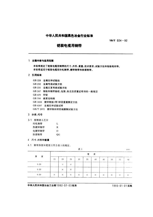 YB/T 024-1992 铠装电缆用钢带