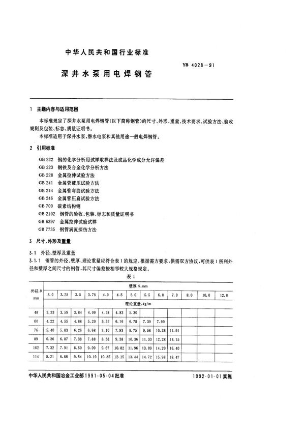 YB/T 4028-1991 深井水泵用电焊钢管
