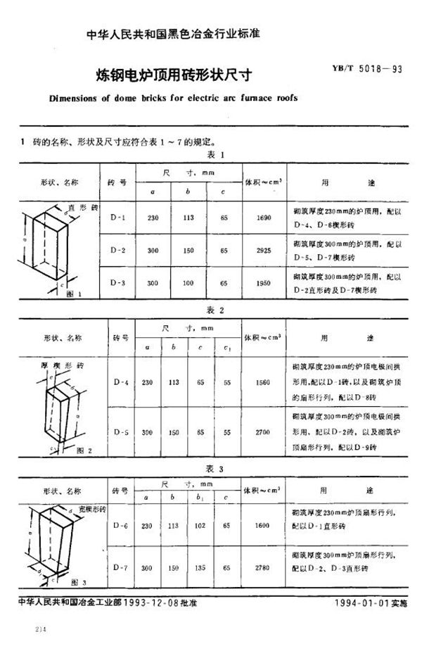 YB/T 5018-1993 炼钢电炉顶用砖形状尺寸