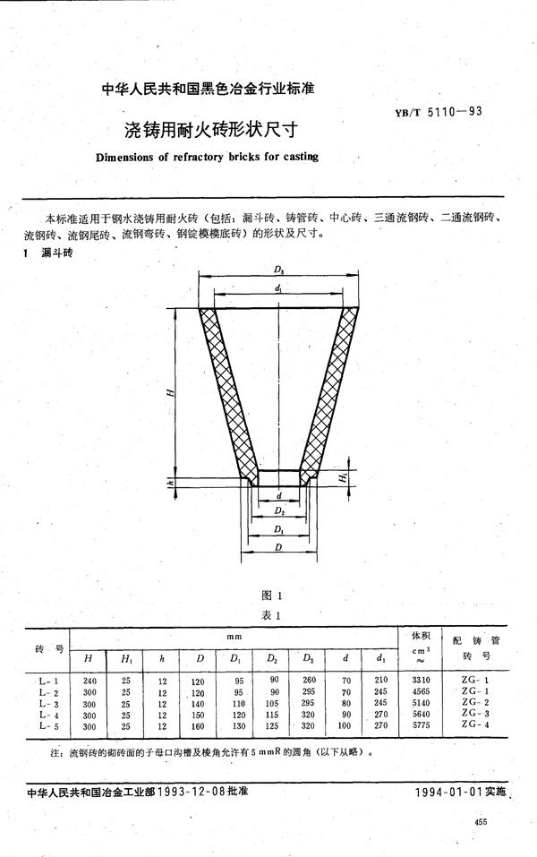 YB/T 5110-1993 浇注用耐火砖形状尺寸