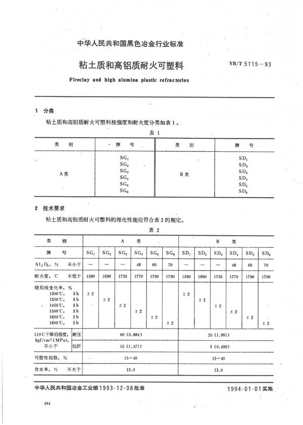 YB/T 5115-1993 粘土质和高铝质耐火可塑料