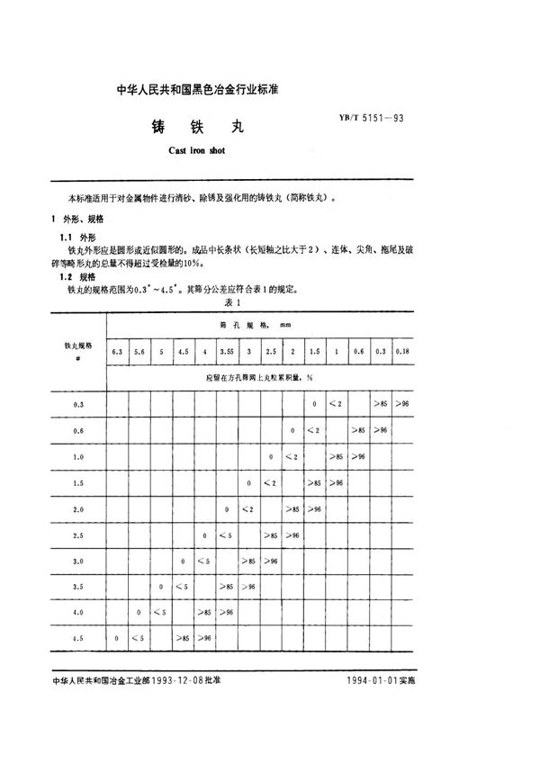 YB/T 5151-1993 铸铁丸