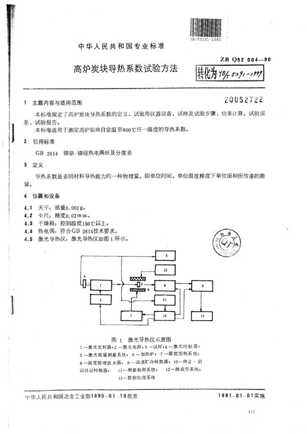 YB/T 5291-1999 高炉炭块导热系数试验方法