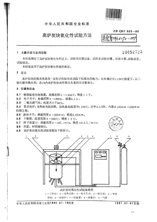 YB/T 5292-1999 高炉炭块氧化性试验方法