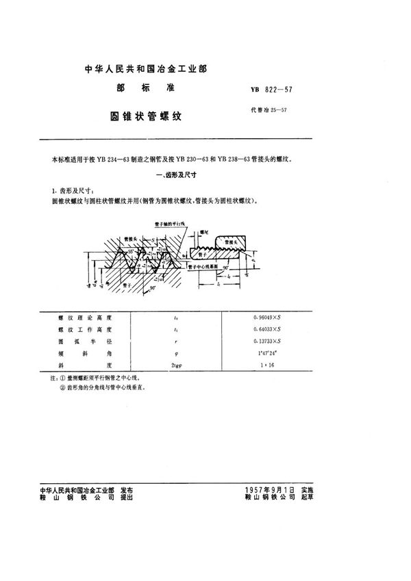 YB/T 822-1957 圆锥状管螺纹