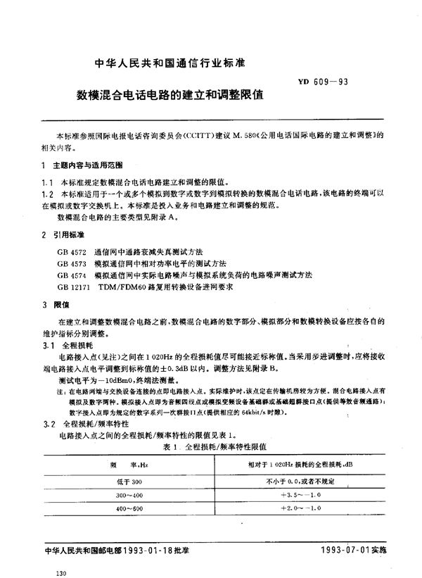 YD 609-1993 数模混合电话电路的建立和调整限值