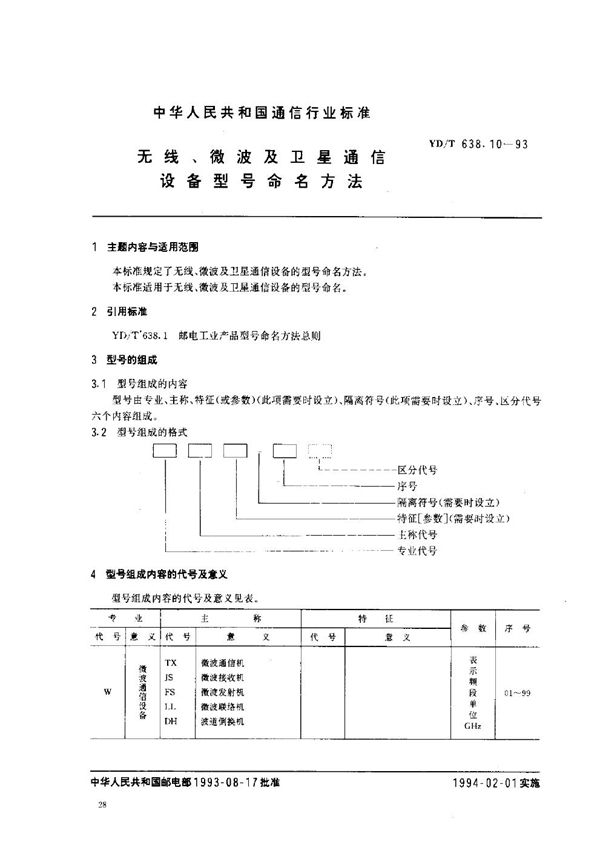 YD/T 638.10-1993 无线、微波及卫星通信设备型号命名方法