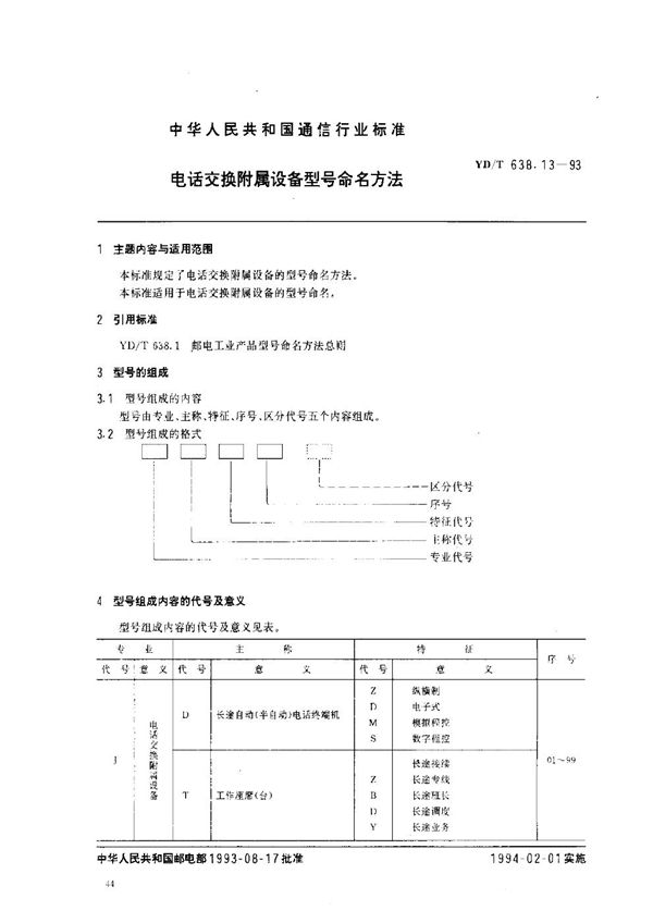 YD/T 638.13-1993 电话交换附属设备型号命名方法