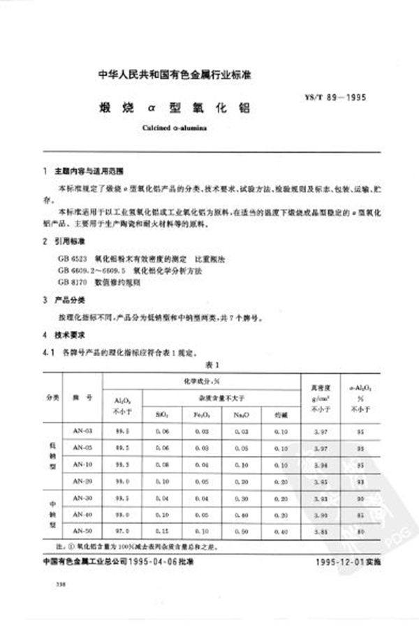 YS/T 89-1995 锻烧α型氧化铝