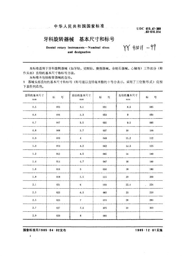 YY 91011-1999 牙科旋转器械基本尺寸和标号