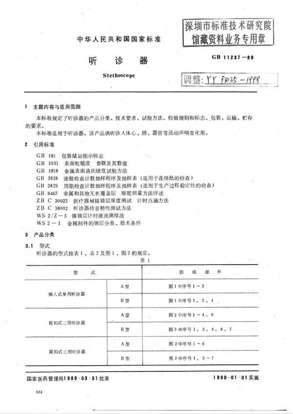 YY 91035-1999 听诊器