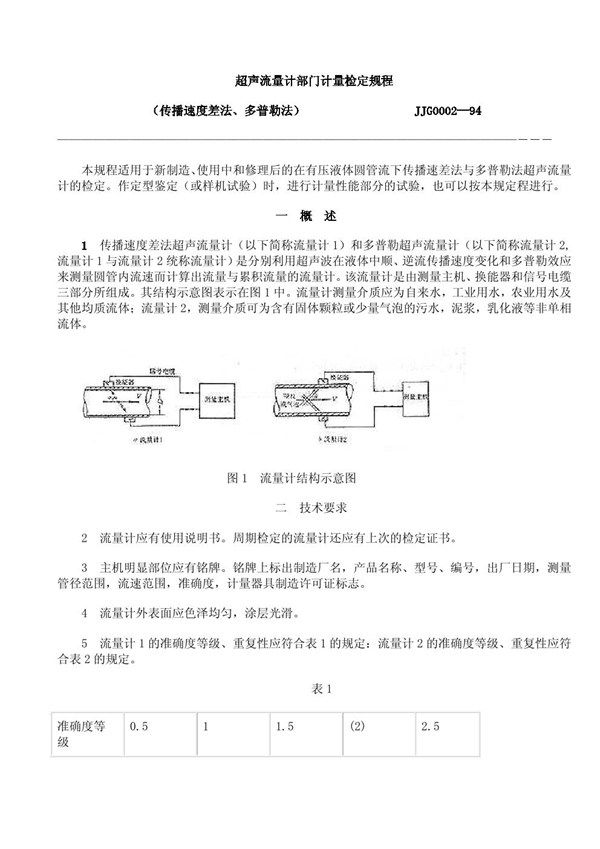 JJG(建设) 0002-1994 超声流量计(传播速度差法、多普勒法)检定规程