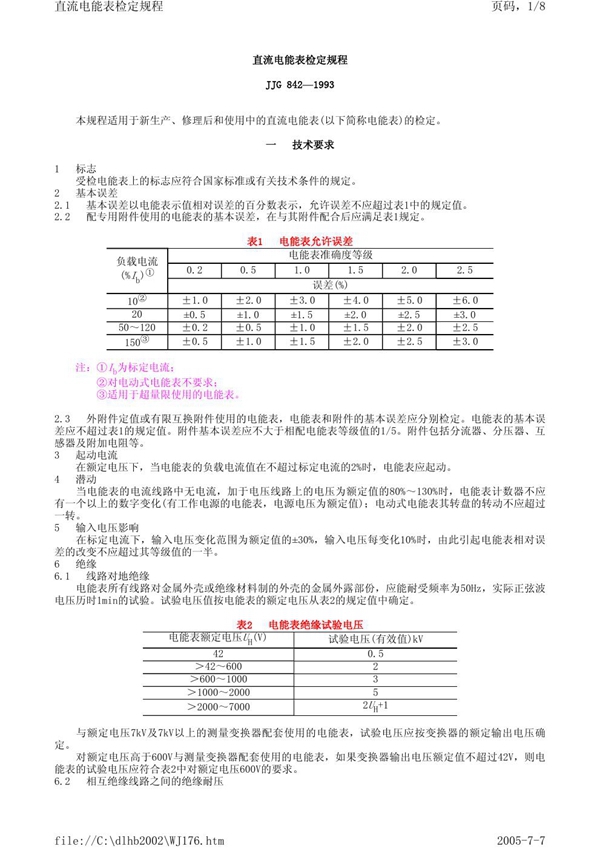 JJG 842-1993 直流电能表检定规程