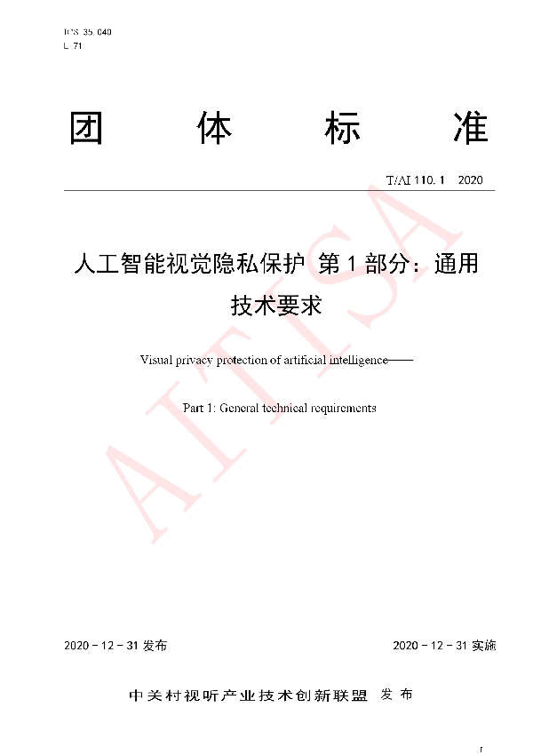 T/AI T/AI110.1-2020 人工智能视觉隐私保护  第1 部分：通用技术要求