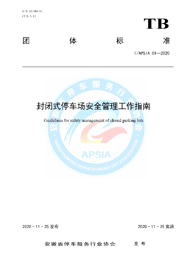 T/APSIA 01-2020 封闭式停车场安全管理工作指南