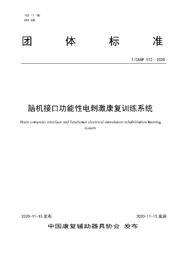 T/CAAP 012-2020 脑机接口功能性电刺激康复训练系统